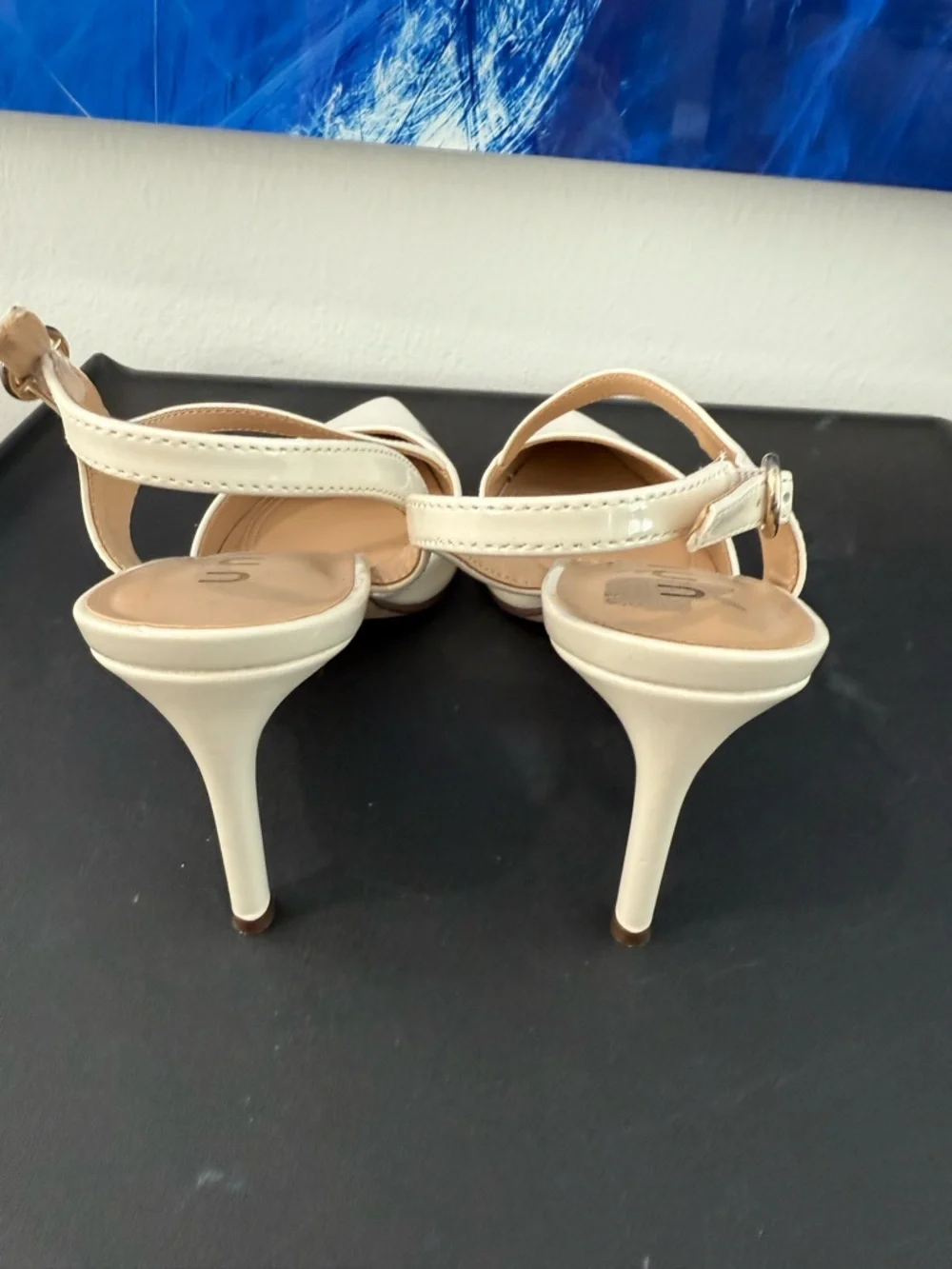 Unisa Cream Patent Pointed Toe Slingback Heels with Crisscross Strap - Picture 3 of 6